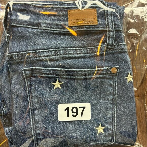 Judy Blue Medium Wash Faded Skinny Star Embroidered Raw Hem Jeans Size 5/27 - Picture 10 of 10